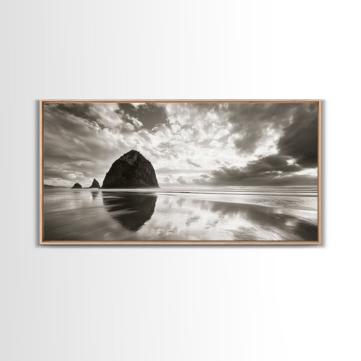 Coastal, seascape, moody art, ocean view, nautical wall art, panoramic painting, extra wide art, above bed wall art, framed canvas print