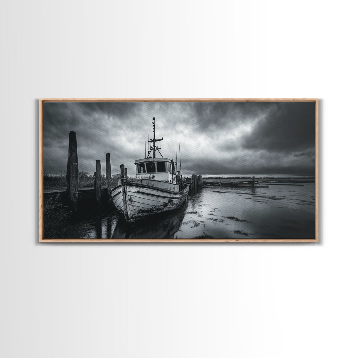 Fishing boat, nautical decor, coastal painting, rustic art, panoramic painting, extra wide art, above sofa art, framed canvas print
