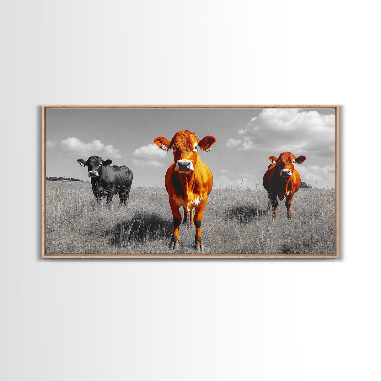 Highland Cows Canvas Print | Rustic Farmhouse Art | Black and White Cattle Painting | Moody Art | Above Sofa Wall Art | Extra Wide Art