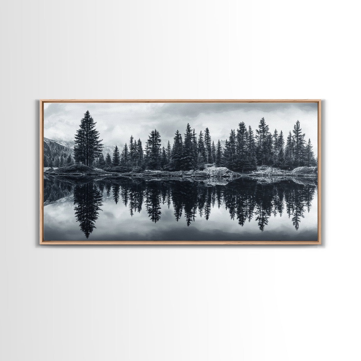 Pine tree reflection, moody art, mountain painting, pine tree art, rustic decor, panoramic art, extra wide art, framed canvas print
