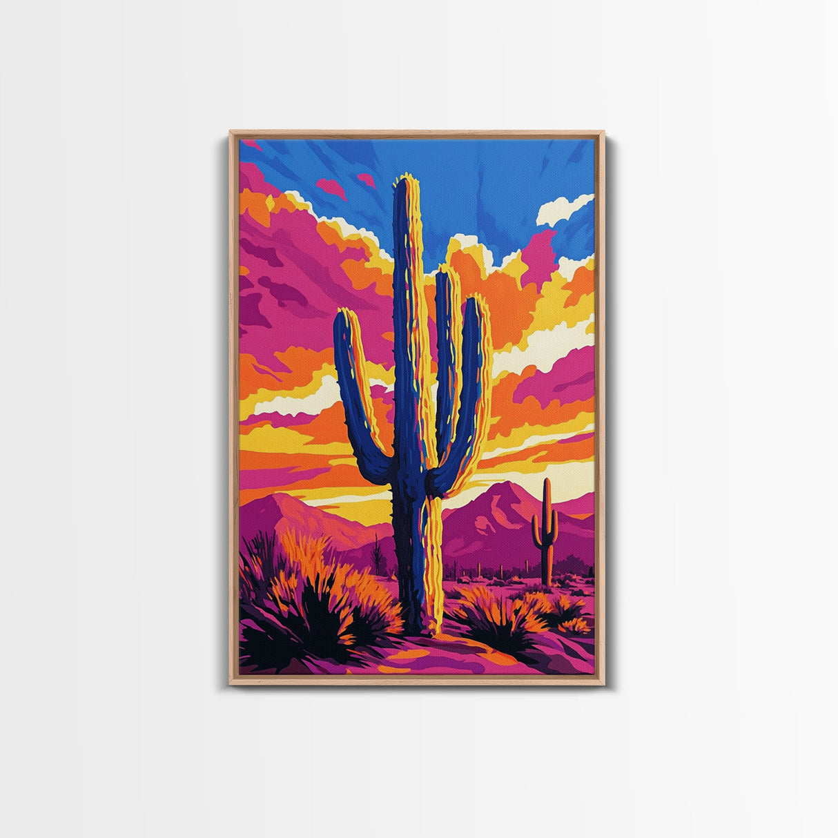Southwest Cactus Art, Desert Wall Decor, Pink Orange Wall Art, Bold Sunset Art, Framed Canvas Print, Gift Idea, Rustic Wall Art