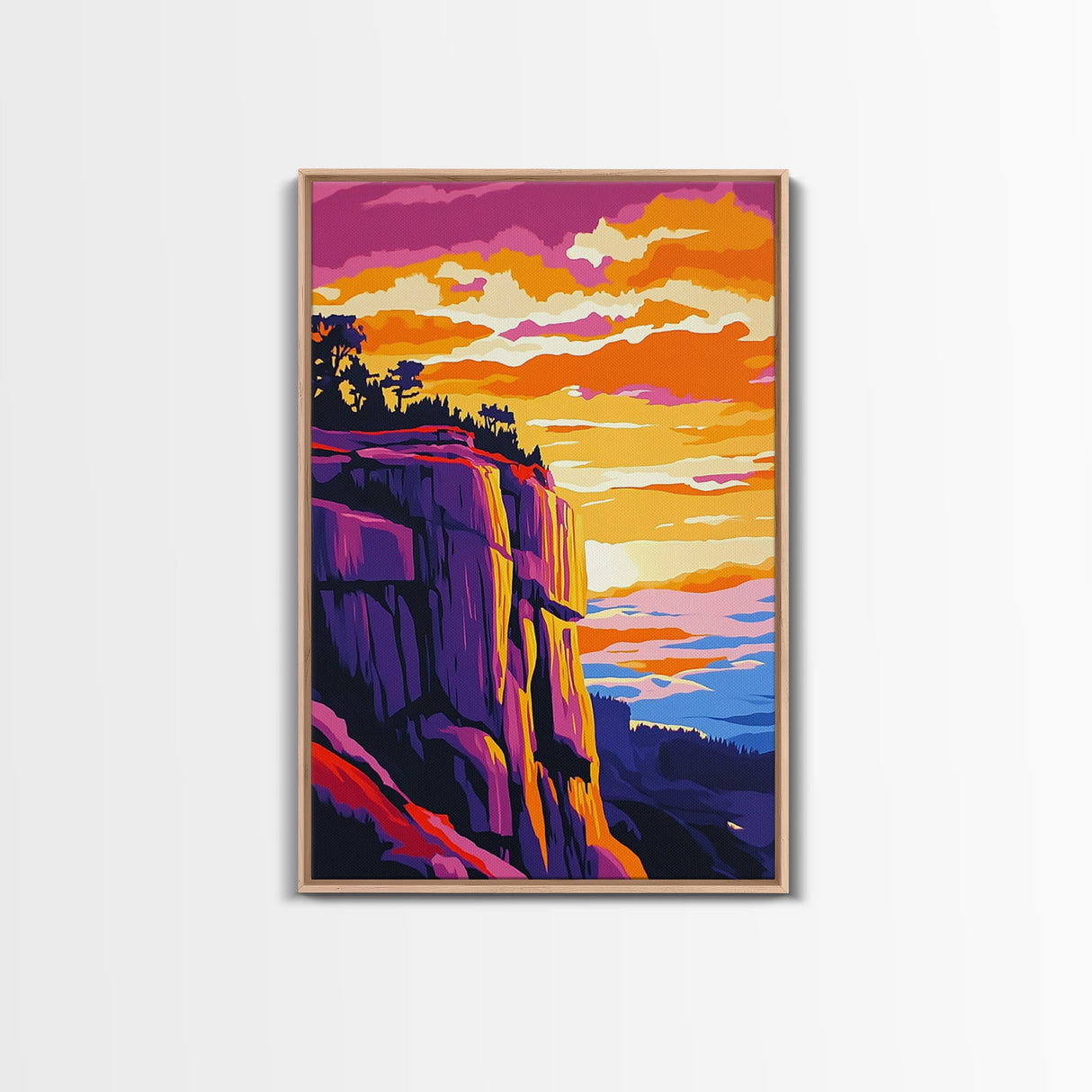 Mountain Cliffs, Southwest Sunset, Canyon Painting, Framed Canvas Print, Pink Orange Wall Art, Joshua Tree Art, Panoramic Art