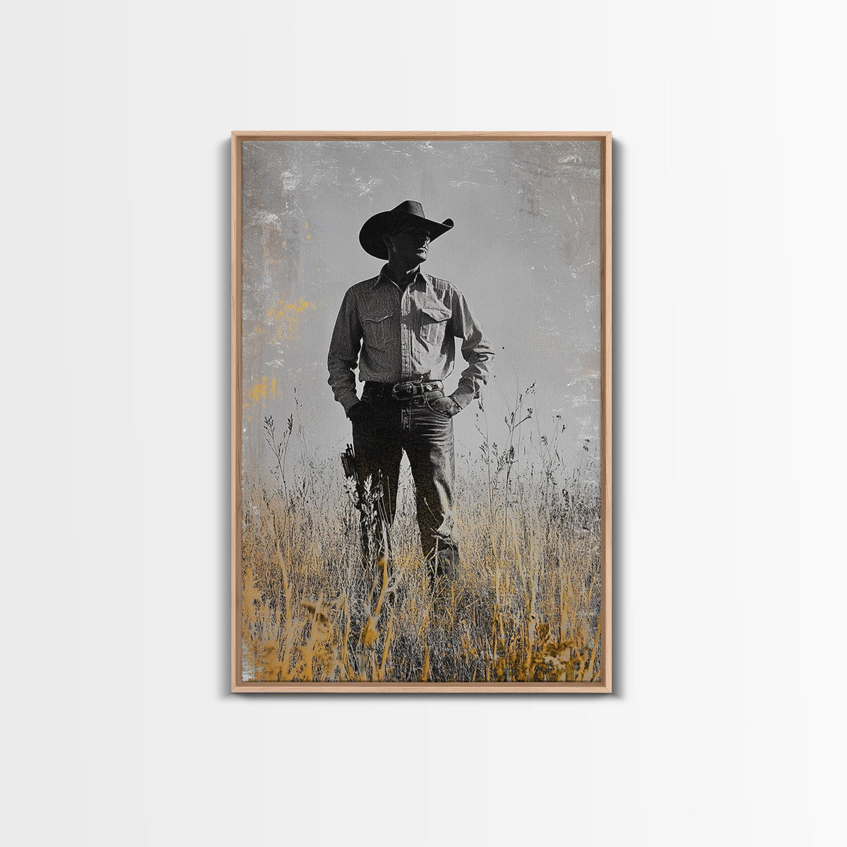 Lone Cowboy, Rustic Art, Western Wall Art, Wabi Sabi Art, Vintage Horse Art, Moody Art, Canvas Print, Framed Cowboy Painting