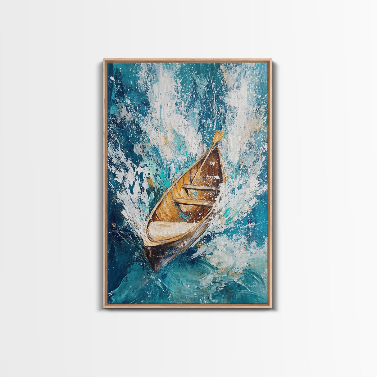 Wooden Boat in Waves, nautical painting, coastal decor, ocean waves art, seascape painting, framed canvas print, living room art, rustic art