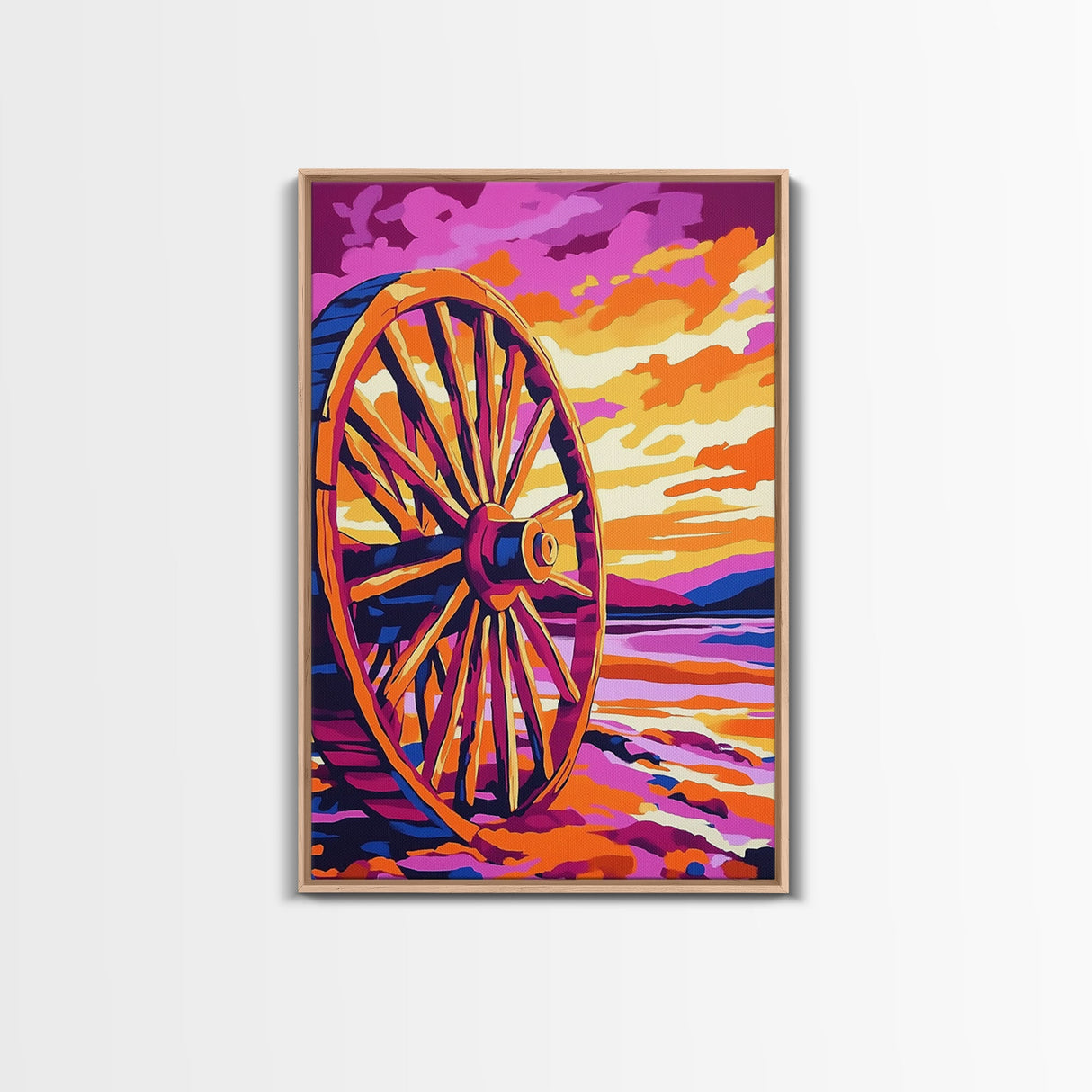 Sunset Wagon Wheel, Bold Color Painting, Southwest Wall Art, Framed Canvas Print, Rustic Decor, Western Aesthetic, Extra Wide Art, Gift Idea