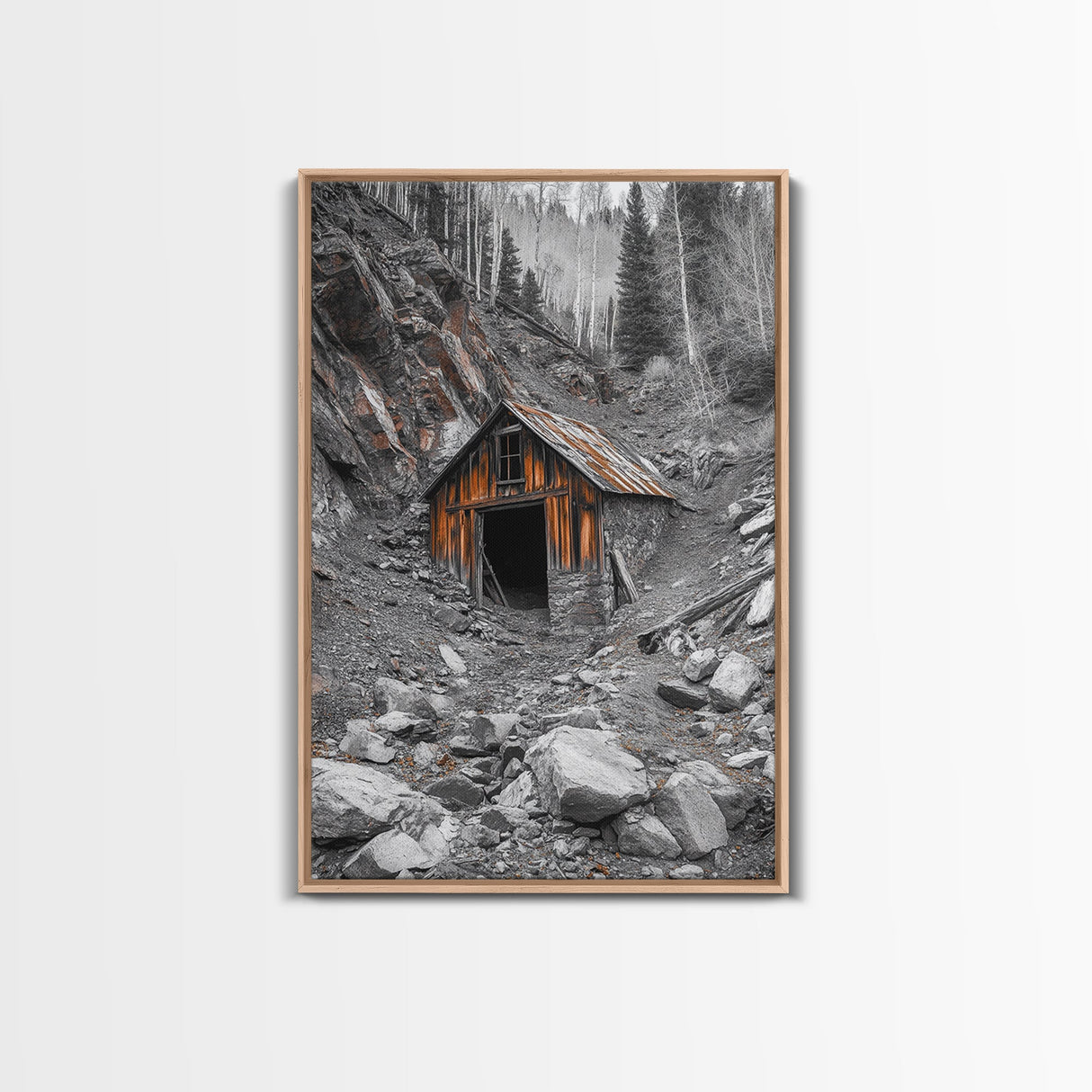 Cabin in the Woods, Rustic Barn Art, Wabi Sabi Wall Art, Moody Nature Art, Farmhouse Wall Art, Gift Idea, Framed Canvas Print, Boho Art