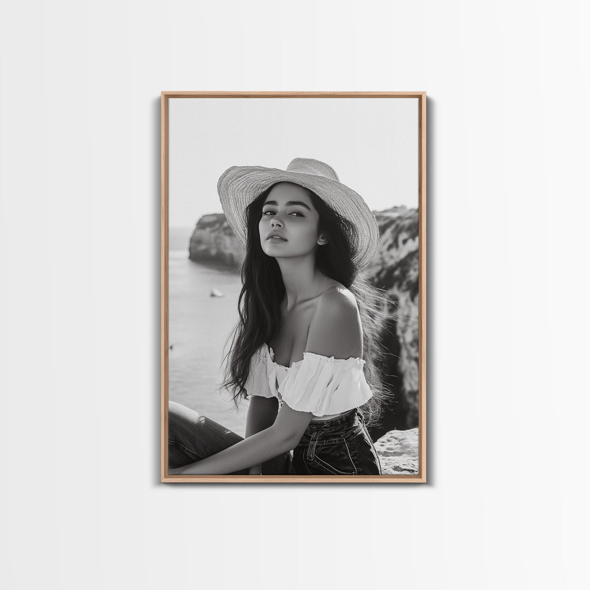 Coastal cowgirl wall art, boho art, framed canvas print, ocean photography, rustic decor, beach aesthetic, seascape painting, black and white art