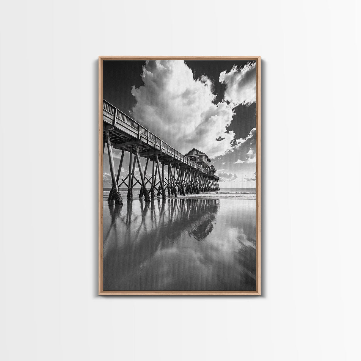 Pier reflection, seascape painting, nautical decor, rustic wall art, black and white photography, extra wide art, framed canvas print