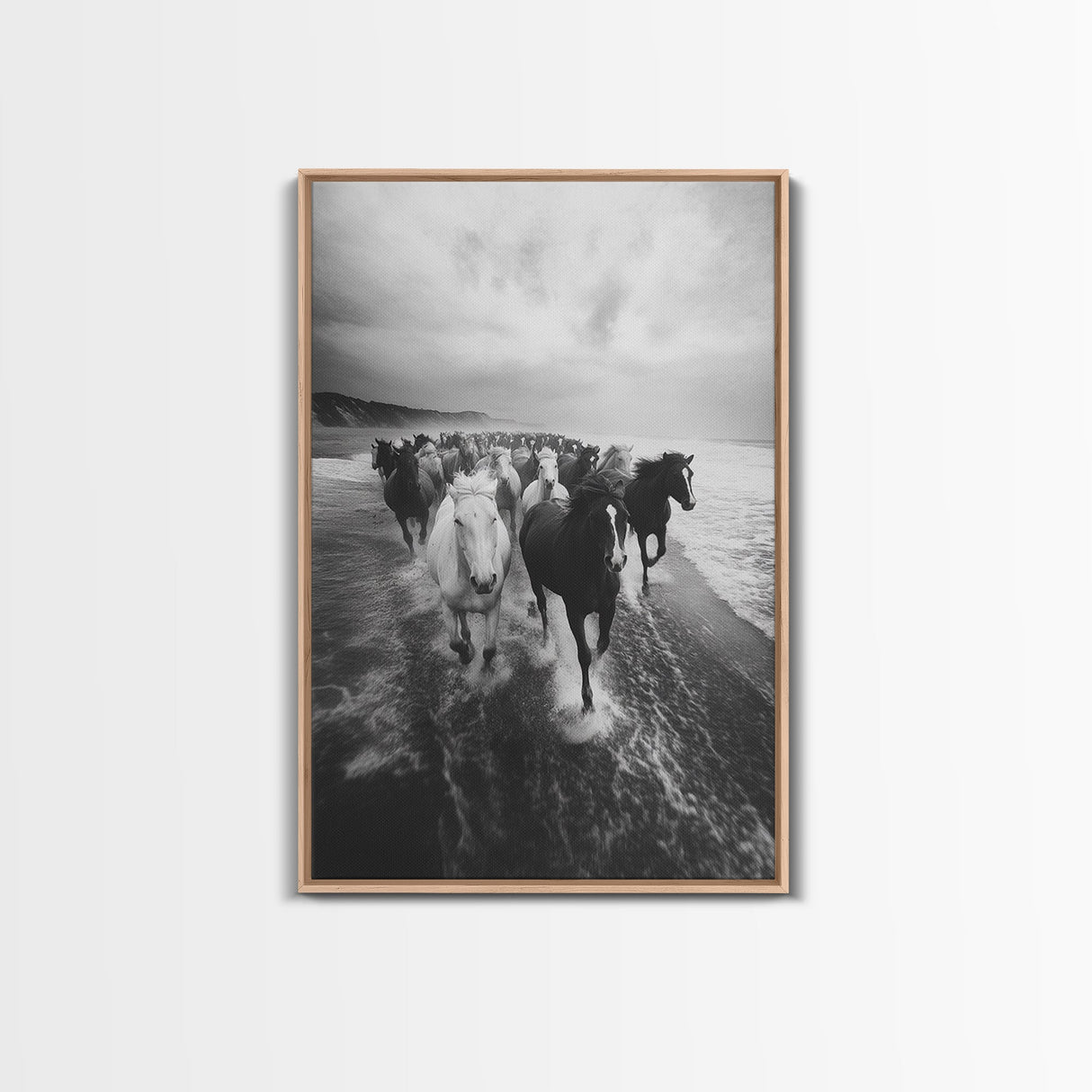 Horse wall art, wild mustangs, moody art, rustic decor, nature photography, black and white art, panoramic art, canvas print, living room art