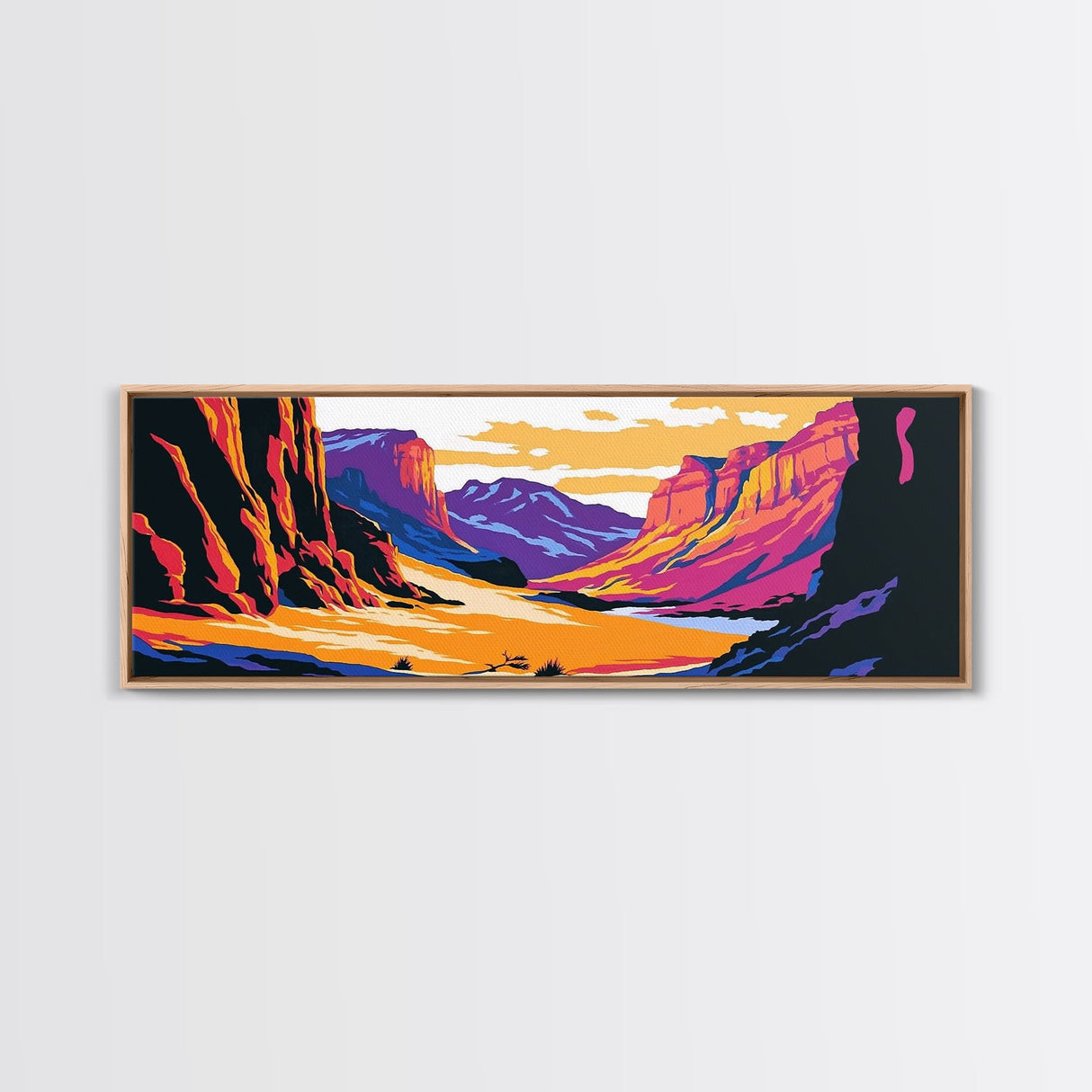 Canyon, mountain painting, pink orange wall art, southwest wall art, above couch art, panoramic art, Joshua tree art, Canvas Print