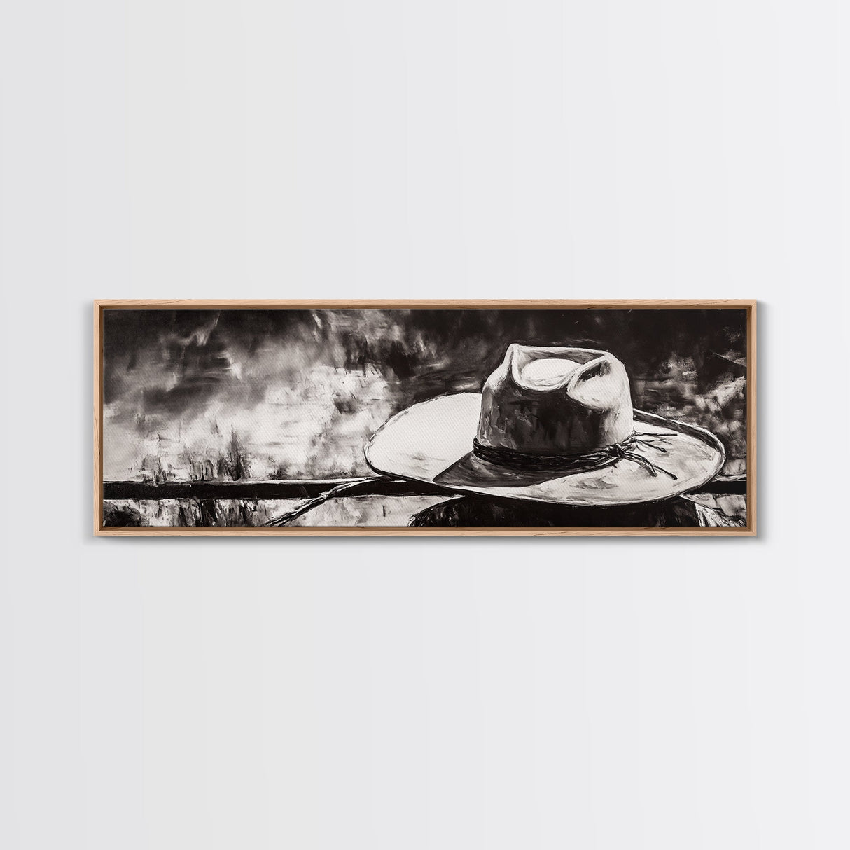 Western Hat Art, Black and White Art, Framed Canvas Print, Rustic Wall Art, Wabi Sabi Art, Extra Wide Art, Minimalist Art