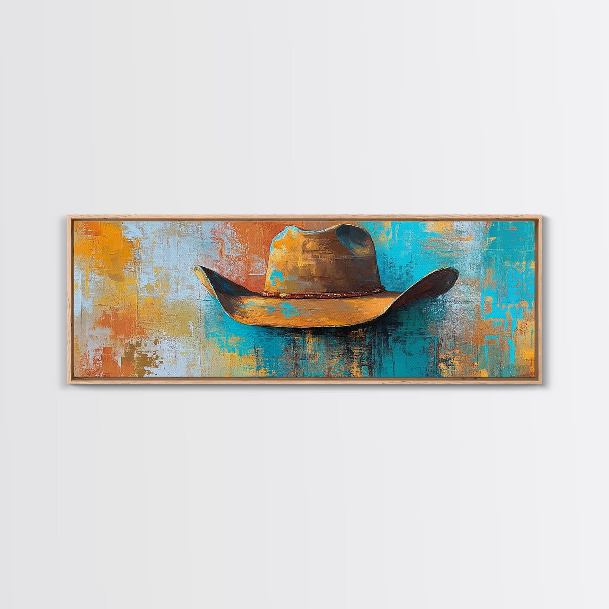 Western Hat Painting, Abstract Cowboy Art, Framed Canvas Print, Extra Wide Art, Rustic Decor, Blue and Green Wall Art, Wabi Sabi Art