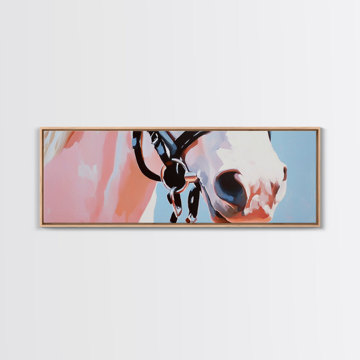 Horse close-up, minimalist art, pink abstract art, soft pastel, boho art, extra wide art, framed canvas print, modern farmhouse decor