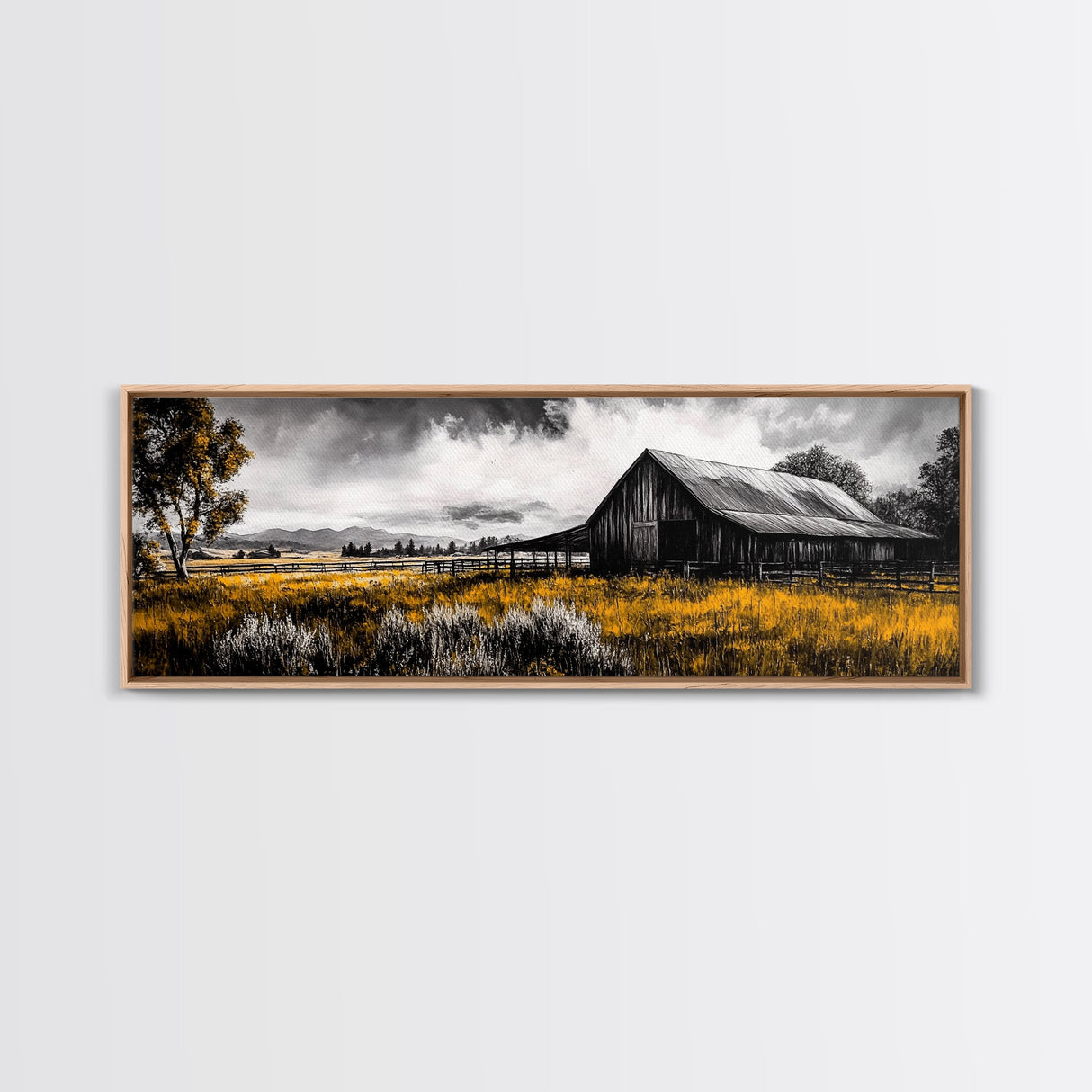 Western Ranch, barn landscape oil painting, rustic decor, farmhouse art, extra wide art, framed canvas print, above couch wall art