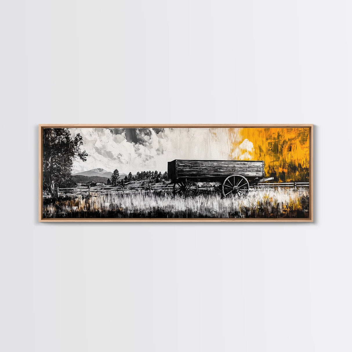 Vintage wooden wagon, rustic wall art, barn landscape oil painting, black and white art, extra wide art, framed canvas print, farmhouse art