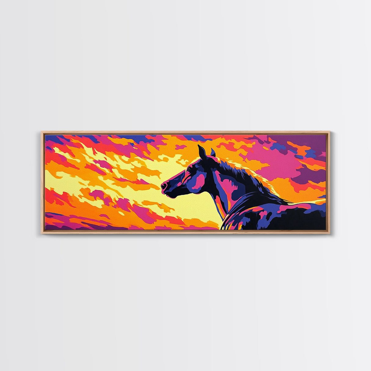 Wild horse, southwest wall art, pink orange wall art, geometric wall art, extra wide art, framed canvas print, panoramic painting, boho art