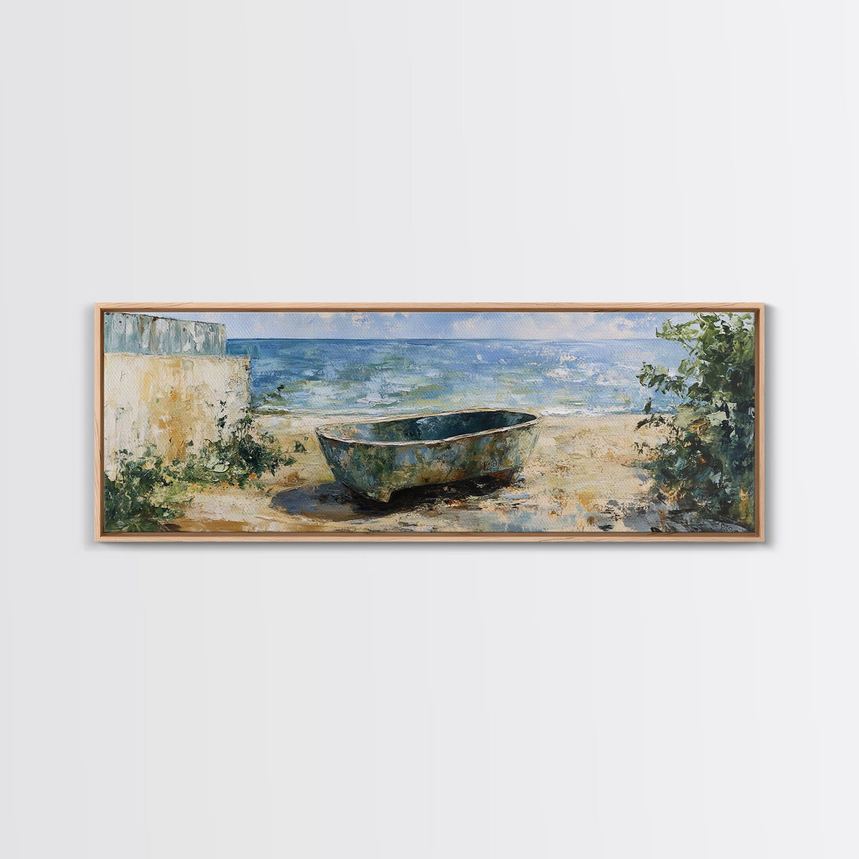 Beach Tub, rustic decor, coastal wall art, wabi sabi art, framed canvas print, farmhouse art, seascape painting, nautical decor