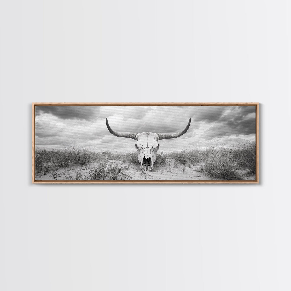 Longhorn Skull, skull art, western wall art, rustic decor, moody art, desert painting, farmhouse art, panoramic art, framed canvas print