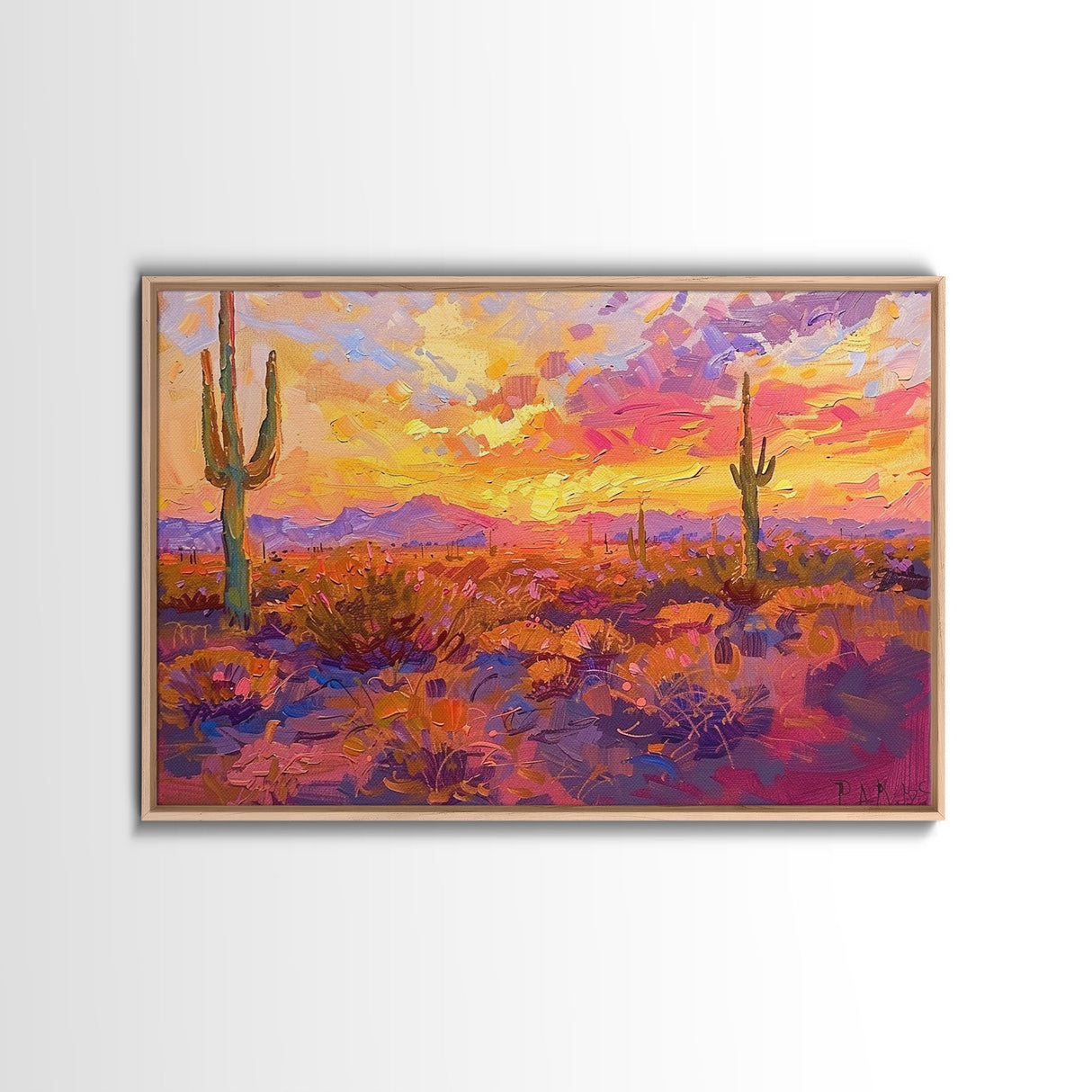Desert Cactus Sunset Painting Framed Canvas Print, Western Decor, Southwest Wall Art, Arizona Painting, Landscape Painting, Farmhouse Decor