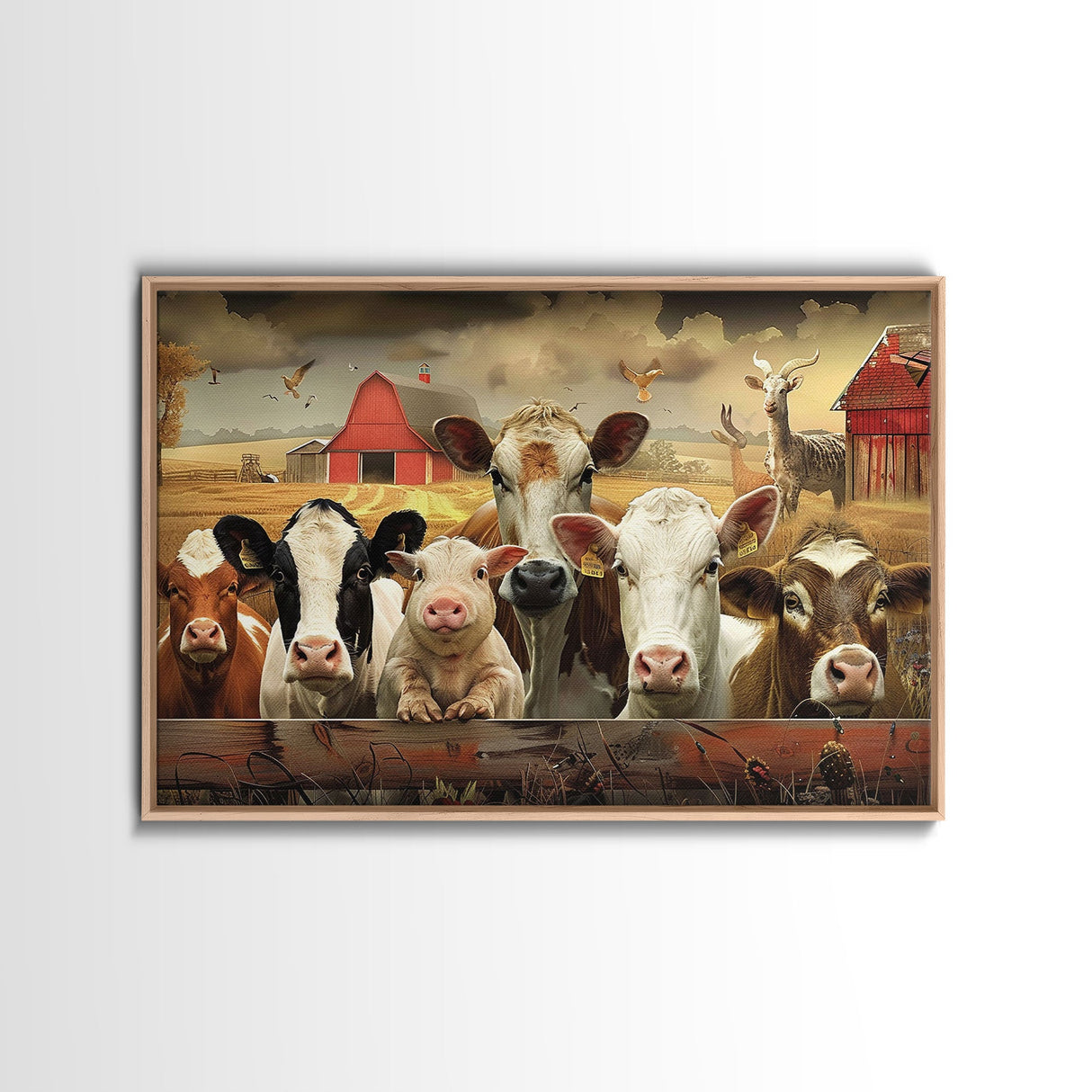 Farm Animals On The Fence, Framed Canvas Print, Cute Animal Decor, Bathroom Wall Art, Illustration, Home Decor