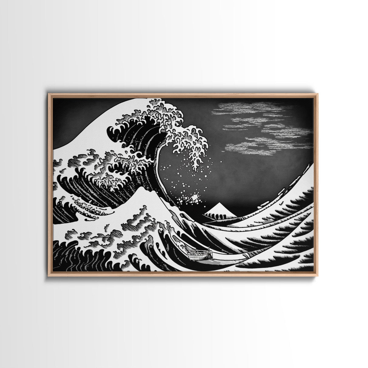 Black and White Wave Canvas Print, Hokusai Inspired Wall Art, Woodblock Print Style, Wall Art, Vintage Style Wall Art