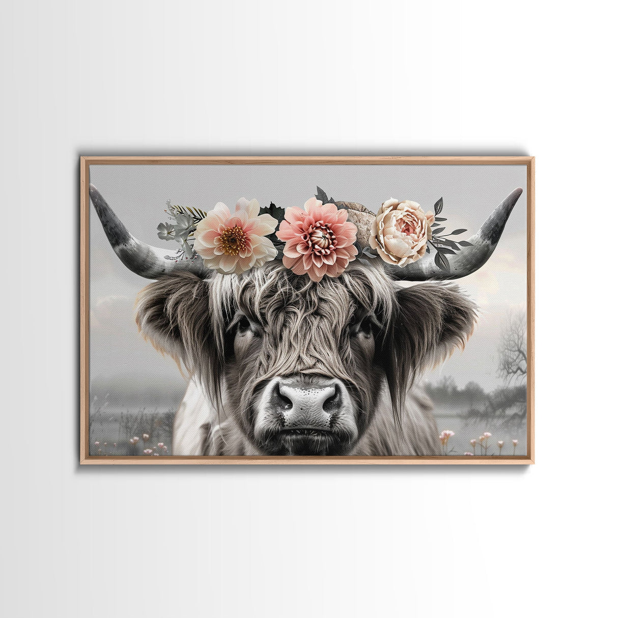 Cute Framed Canvas Wall Art, Cute Cow Wearing Flowers, Farmhouse Decor, Farmhouse Wall At, Extra Large Boho Decor, Minimalist Modern Art