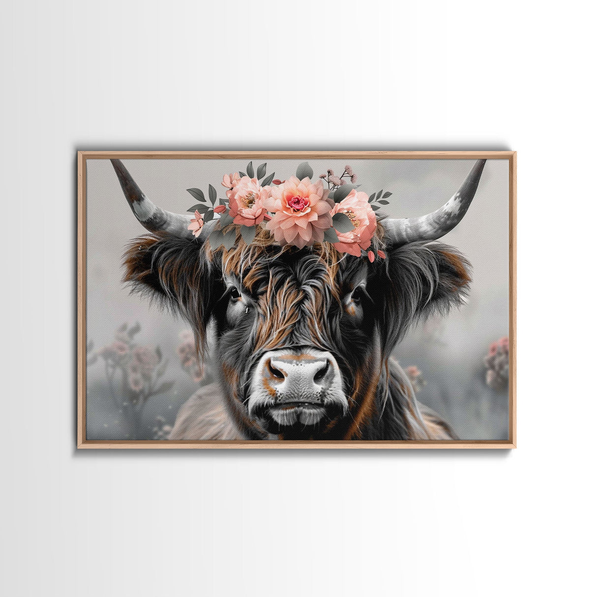 Framed Wall Art Texas Cattle, Wood Framed Canvas Print, Farmhouse Decor, Minimalist Rustic Farmhouse Painting, Vacation Home Decor, Western