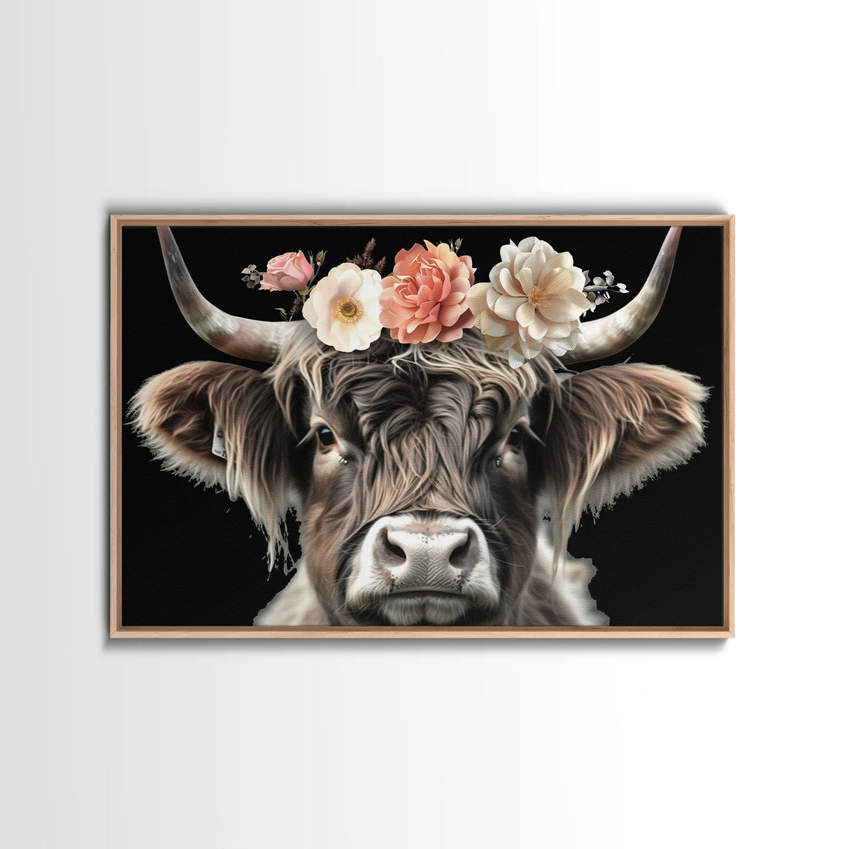 Framed Highland Cow With Flowers Painting canvas print Farmhouse art Cattle Wooden background Country wall art Cow print Rustic Wall Art