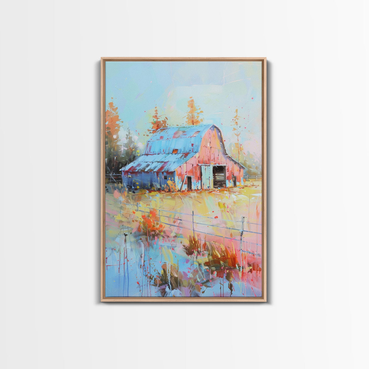 Serene Barn Scene in Soft Pastel Hues - Framed Canvas Print, Rustic Decor, Countryside Art for Bedroom, Farmhouse Wall Art for Living Room