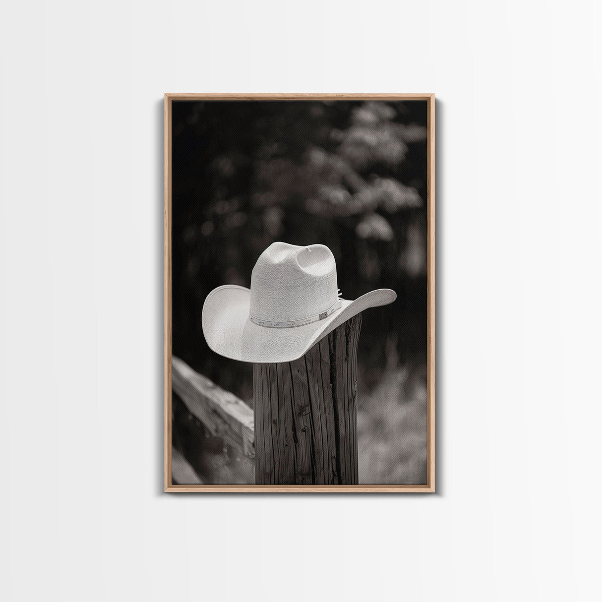 Cowboy Hat on a Wooden Fence Post in Rustic Black and White Photography for Western Home Decor, Canvas Prints, Wall Art for Living Room