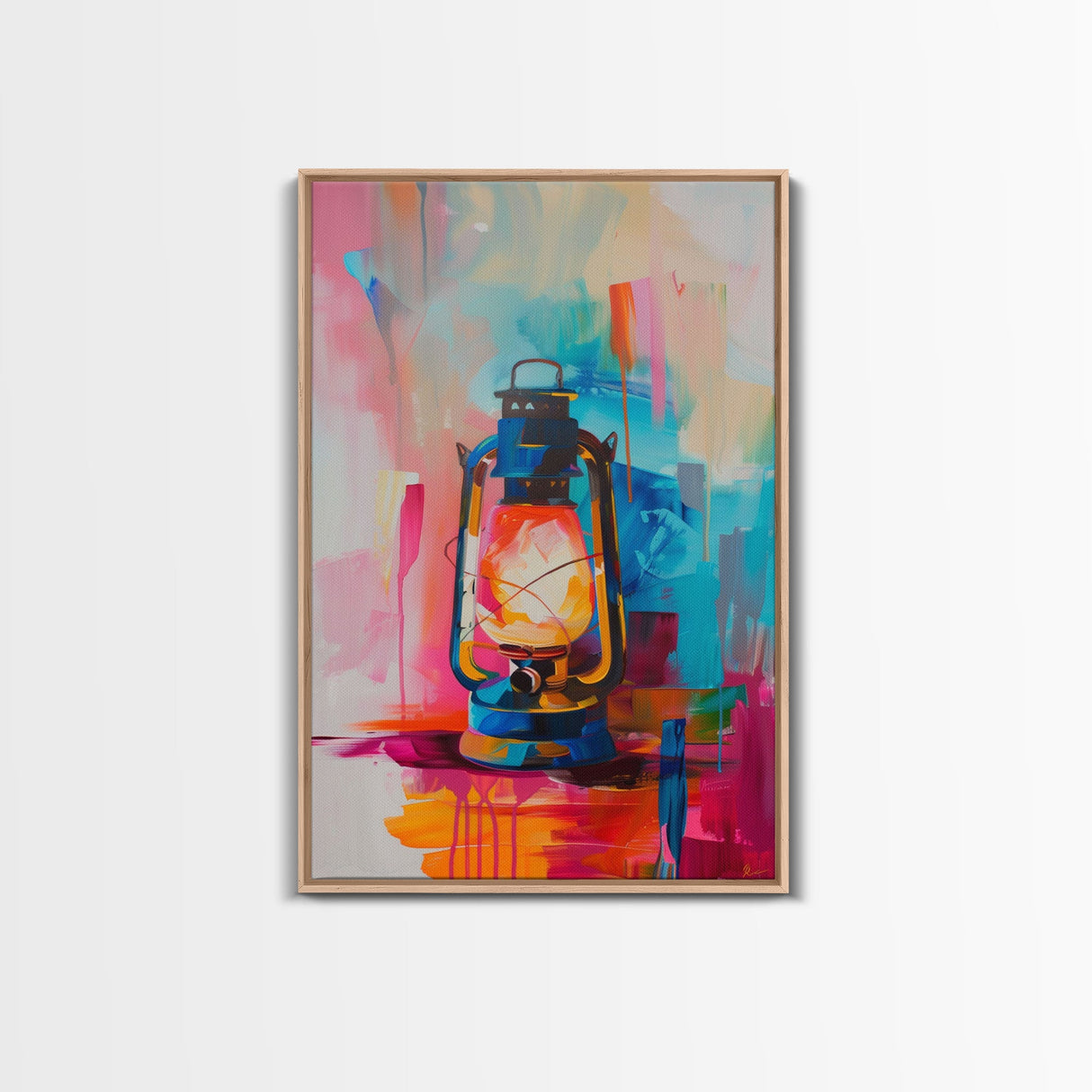 Brightly Painted Oil Lamp - Framed Canvas Print, Vibrant Western Art, Rustic Lamp Wall Art for Living Room Decor