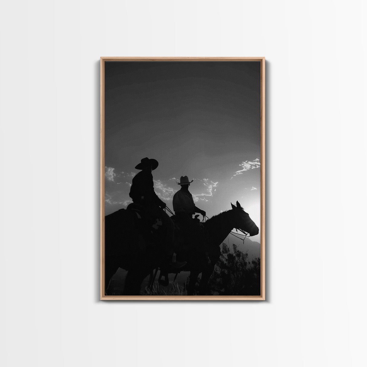 Two Cowboys Riding at Sunset in a Serene Black and White Western Landscape for Wall Art, Canvas Prints, Home Decor, Living Room Art