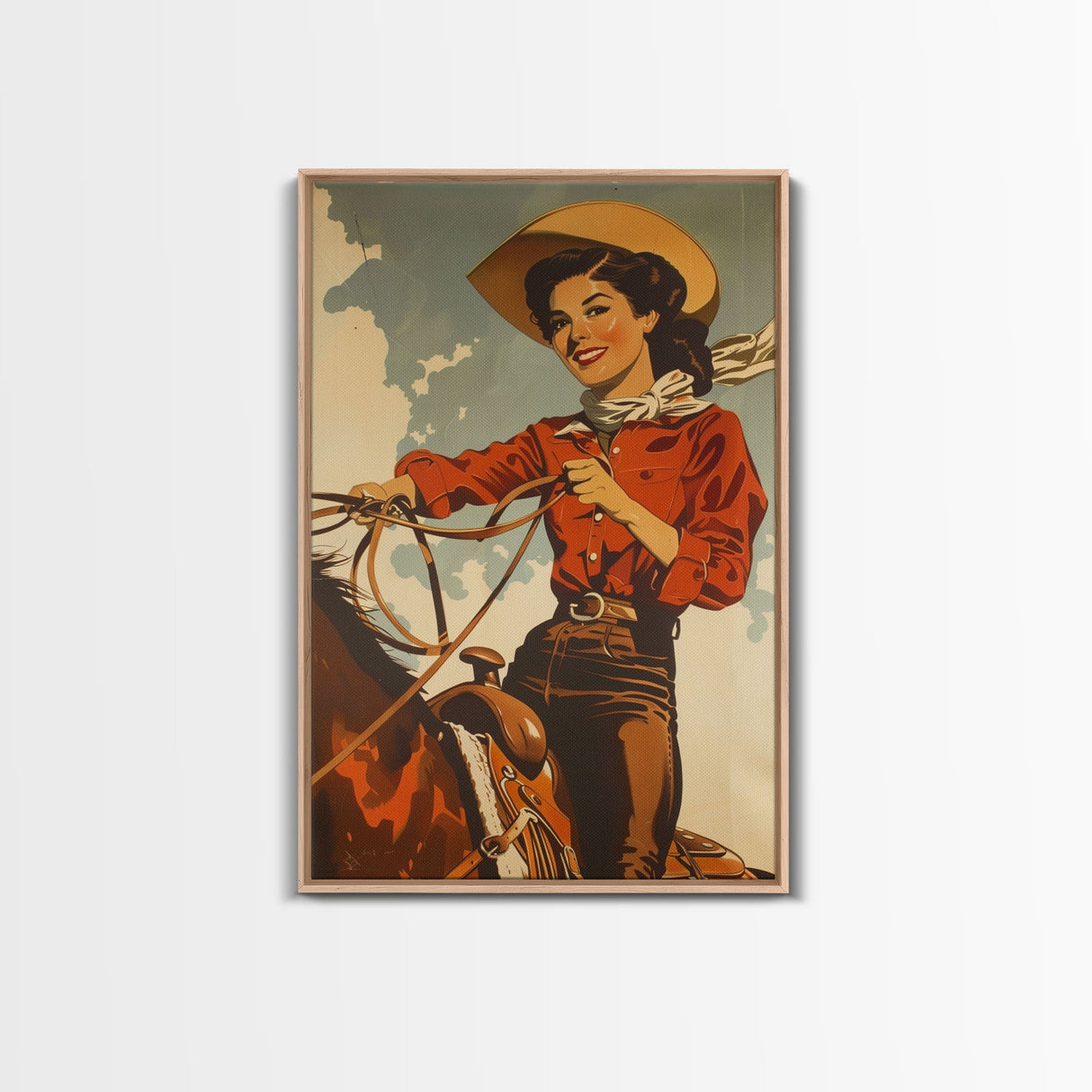 Classic Cowgirl with Red Outfit on Horse | Framed Canvas Print | Western Wall Art | Living Room Decor | Rustic Home Decor