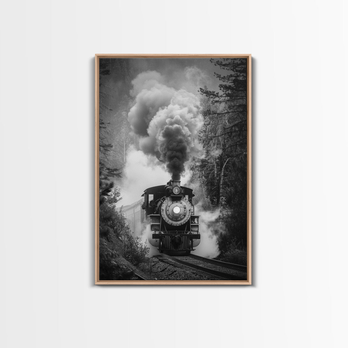 Steam Locomotive in the Forest Black and White Photography - Framed Canvas Print, Railroad Art, Vintage Train Wall Art for Home
