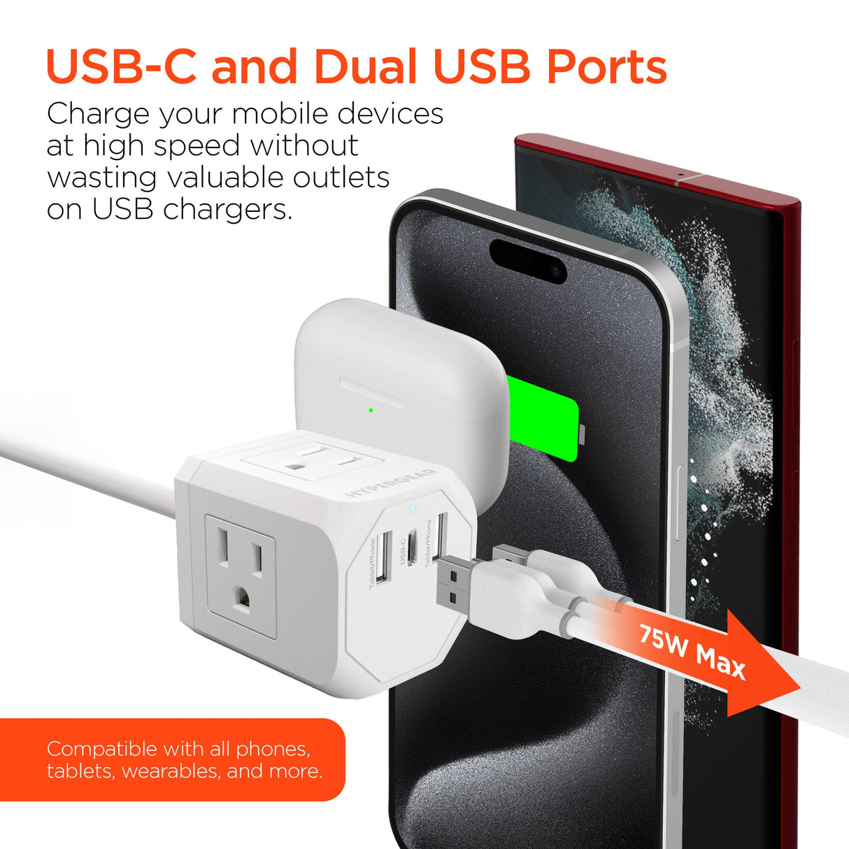 CUBE Multi-Port Power Strip Extension Cord | White by Hypergear