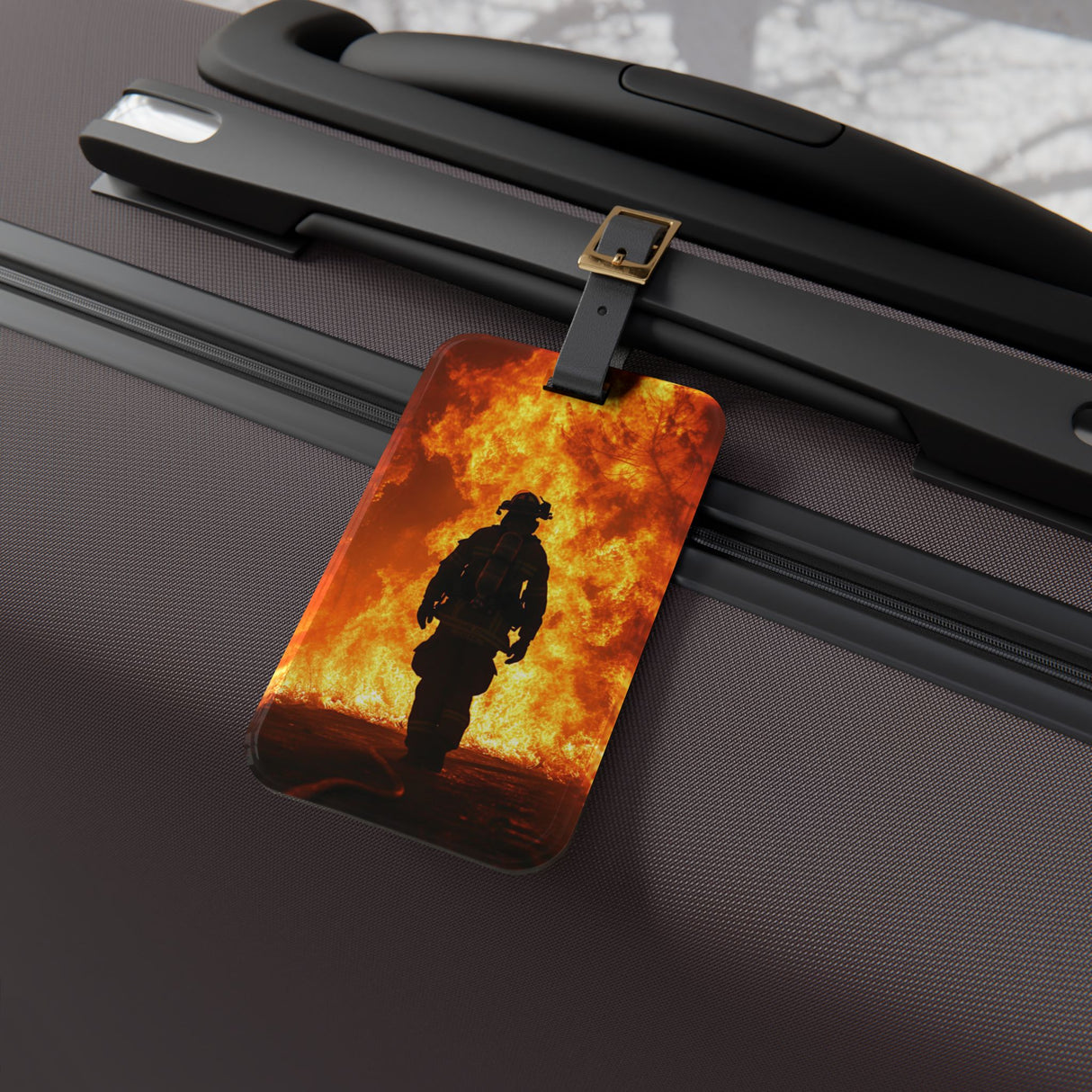 Heroic Firefighter Luggage Tag - Flame Background Travel Accessory