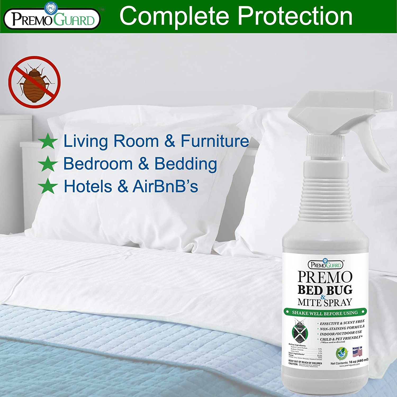 Bed Bug & Mite Killer - 16 oz - All Natural Non-Toxic - By Premo Guard