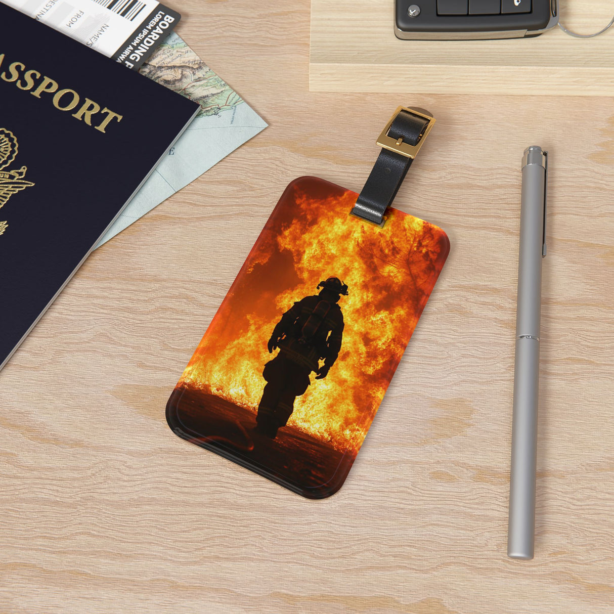 Heroic Firefighter Luggage Tag - Flame Background Travel Accessory