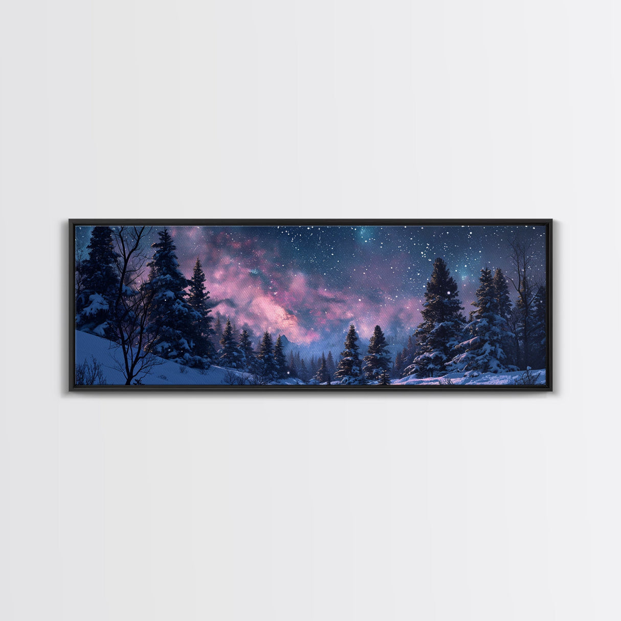 Starry Night Northern Lights, Framed Canvas Print, Beautiful Night Sky Over A Snow Capped Forest, Winter Landscape Painting, Purple Skies