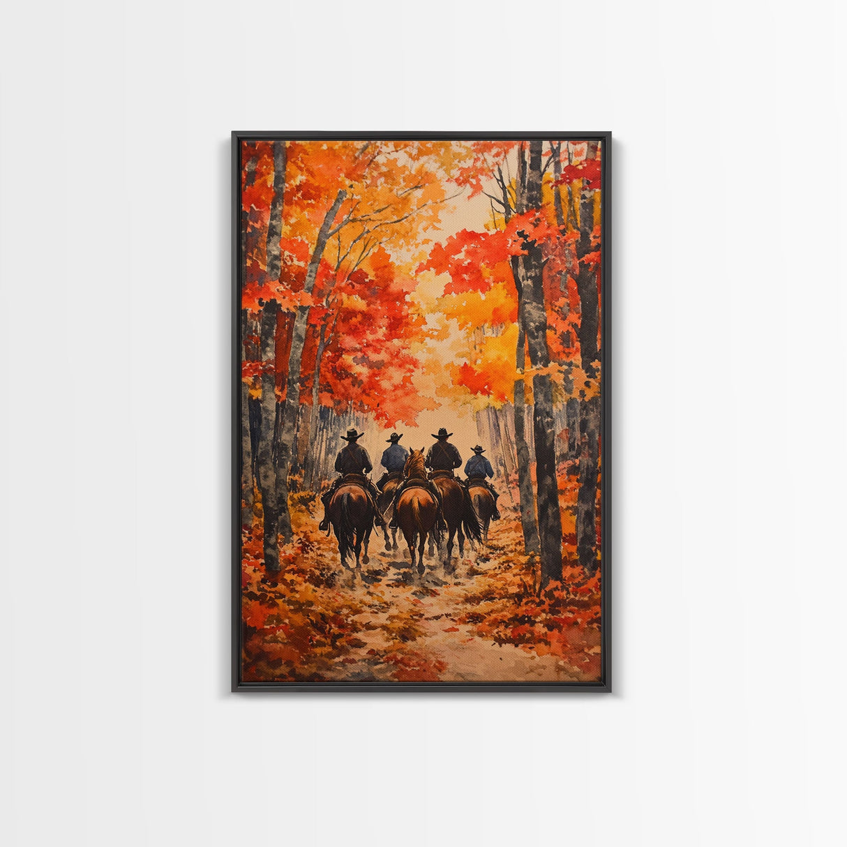 Cowboys Riding Into Town On Thanksgiving, Western Fall Decor, Framed Canvas Print, Autumn Outdoor Decor, Christmas poster