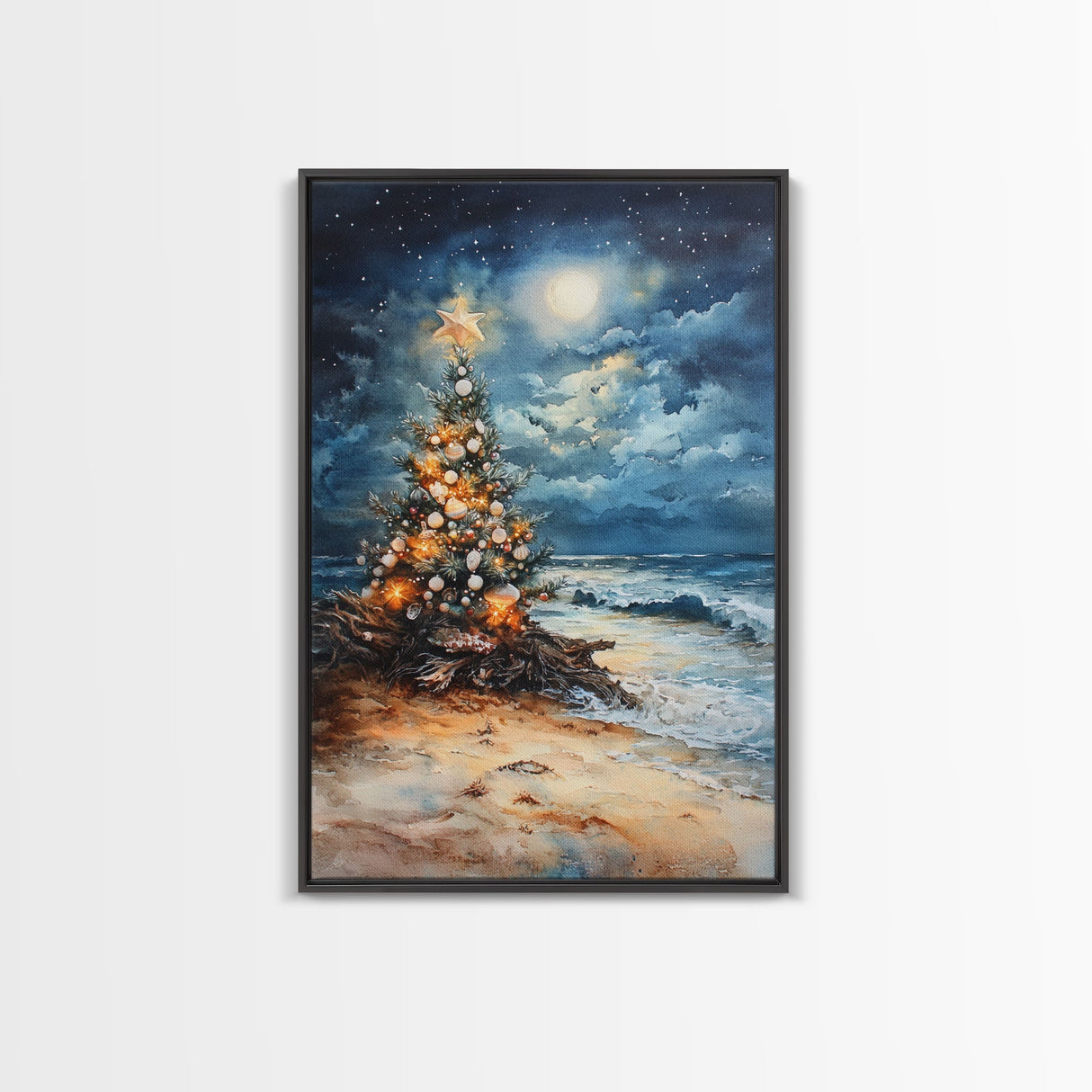 Christmas Tree On The Beach, Framed Canvas Print, gallery wall, Christmas Poster, Xmas Prints