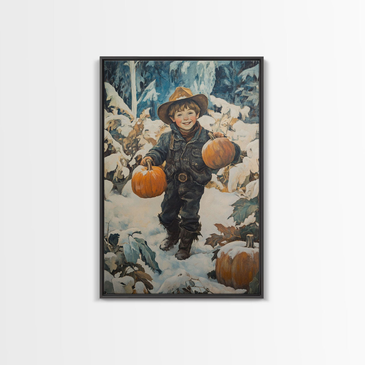 Cowboy Christmas Decor Framed Canvas Print with Pumpkin in Snow, Rustic Holiday Home Wall Art and Seasonal Gift Idea 2024