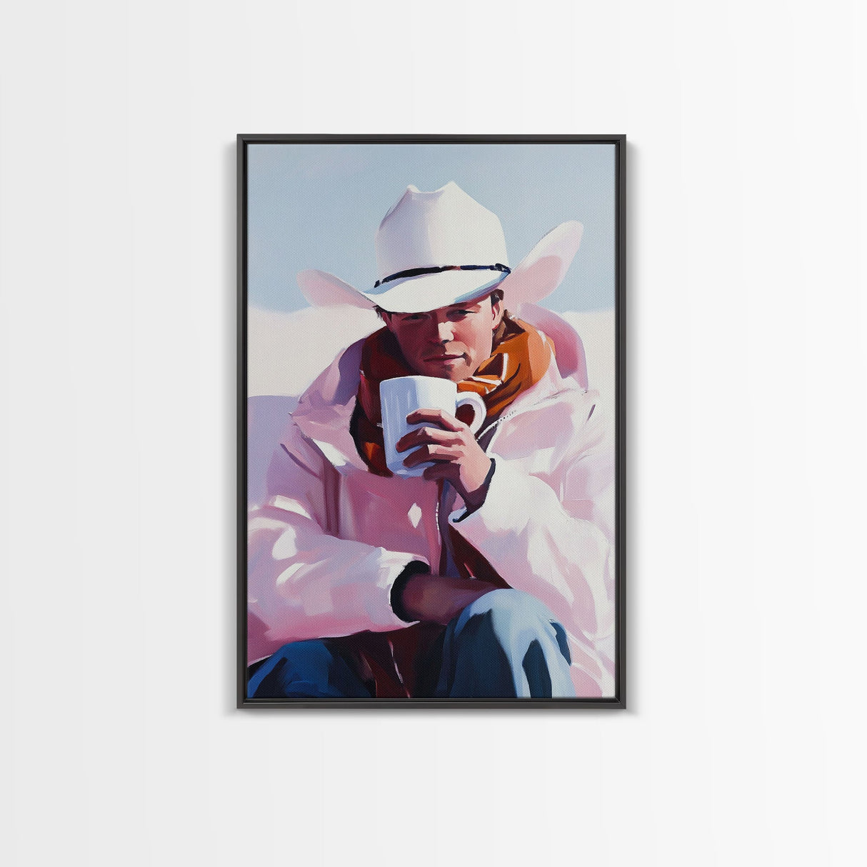 Cowboy with Mug in Snow Framed Canvas Print - Winter Country Scene Art Best 2024 Christmas Wall Decor Gift Idea