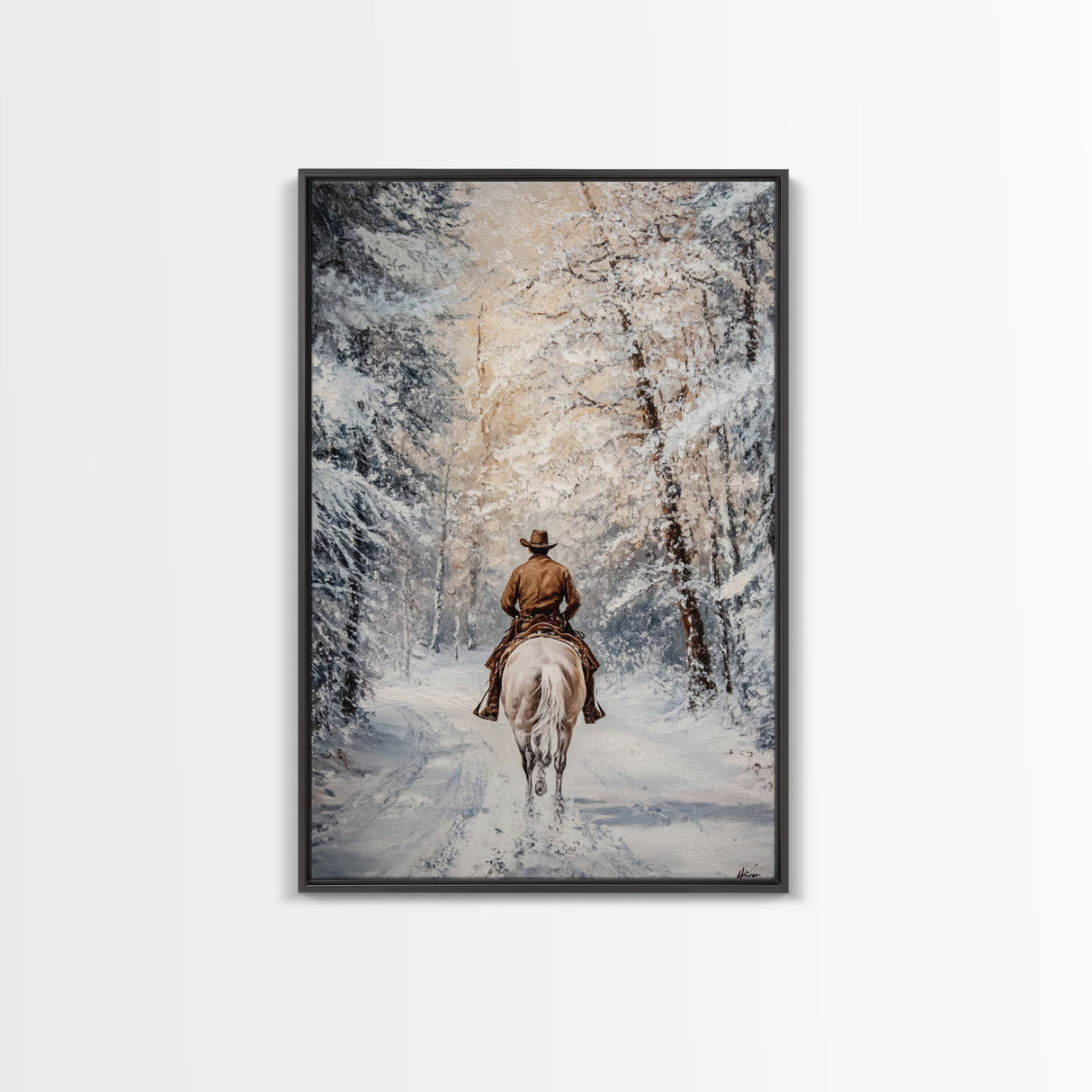 Cowboy by Window with Coffee Framed Canvas Print - Cozy Christmas Wall Art 2024 Rustic Holiday Decor and Gift Idea
