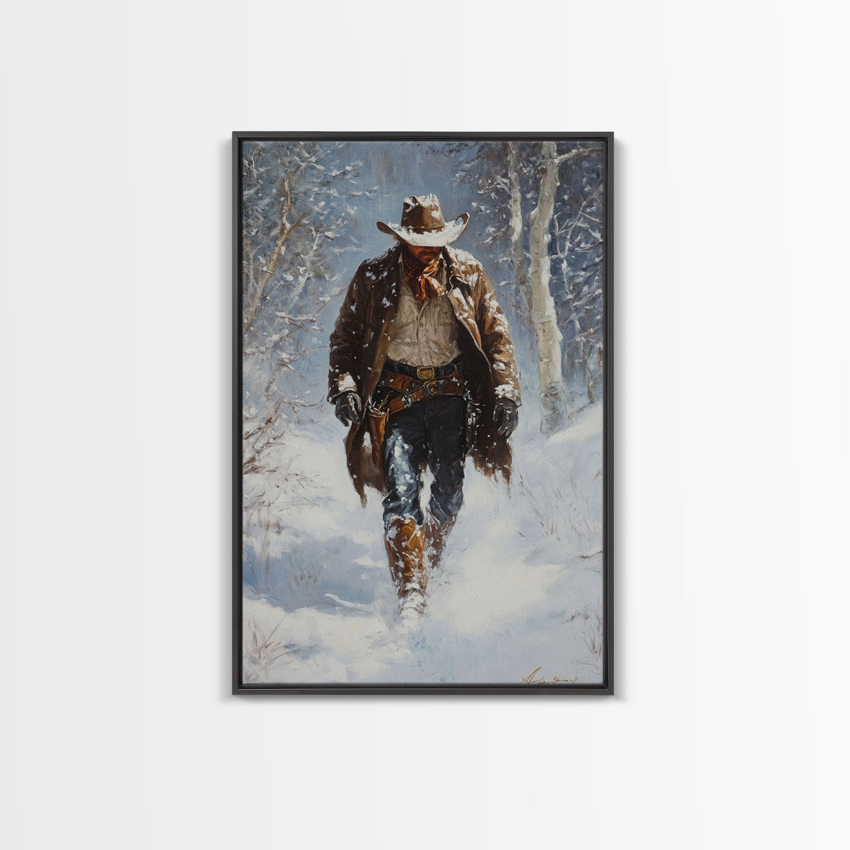 Cowboy Riding Horse in Snowy Forest Canvas Print, Winter Wall Art, Western, Rustic Christmas Wall Art, Seasonal Holiday Decor, Canvas Print