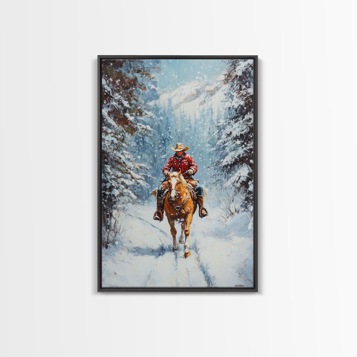 Cowboy Walking Through Snowy Winter Forest Canvas Print, Western Christmas Art Gift, Holiday Wall Decor, Rustic Art, Framed Canvas Print