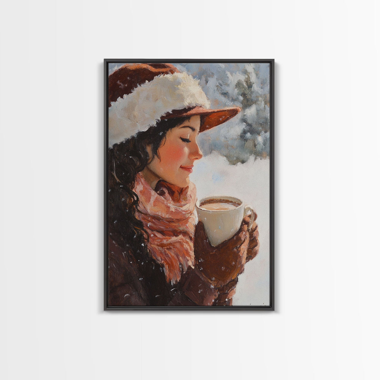 Framed canvas print of a peaceful winter scene with a woman a hot chocolate perfect for holiday gift idea or rustic Christmas wall art decor
