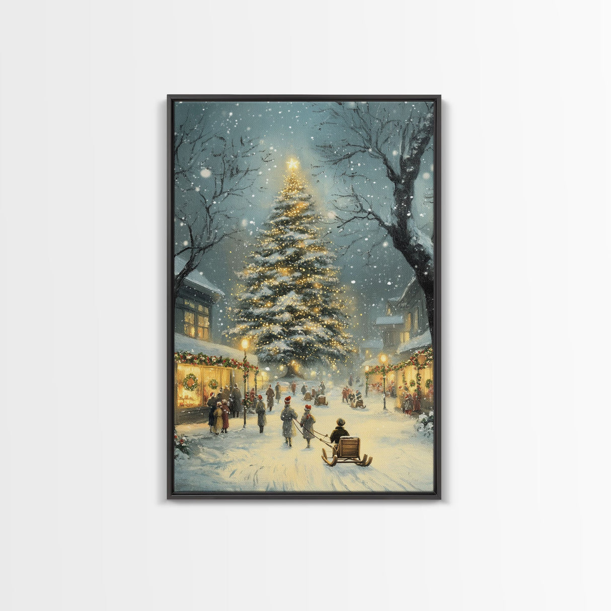 Christmas Tree Village Snowy Winter Scene Framed Canvas Print Christmas Wall Art Christmas Decor Christmas Tree Art Holiday Gift Winter Art