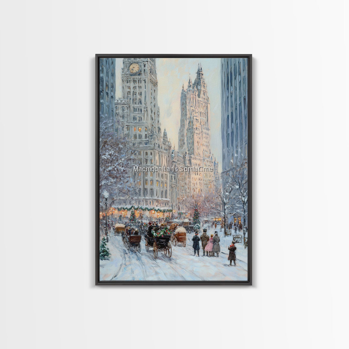 Historical City Winter Framed Canvas Print, Snowy Urban Landscape with Carriages and Victorian Architecture, Elegant Christmas Wall Art