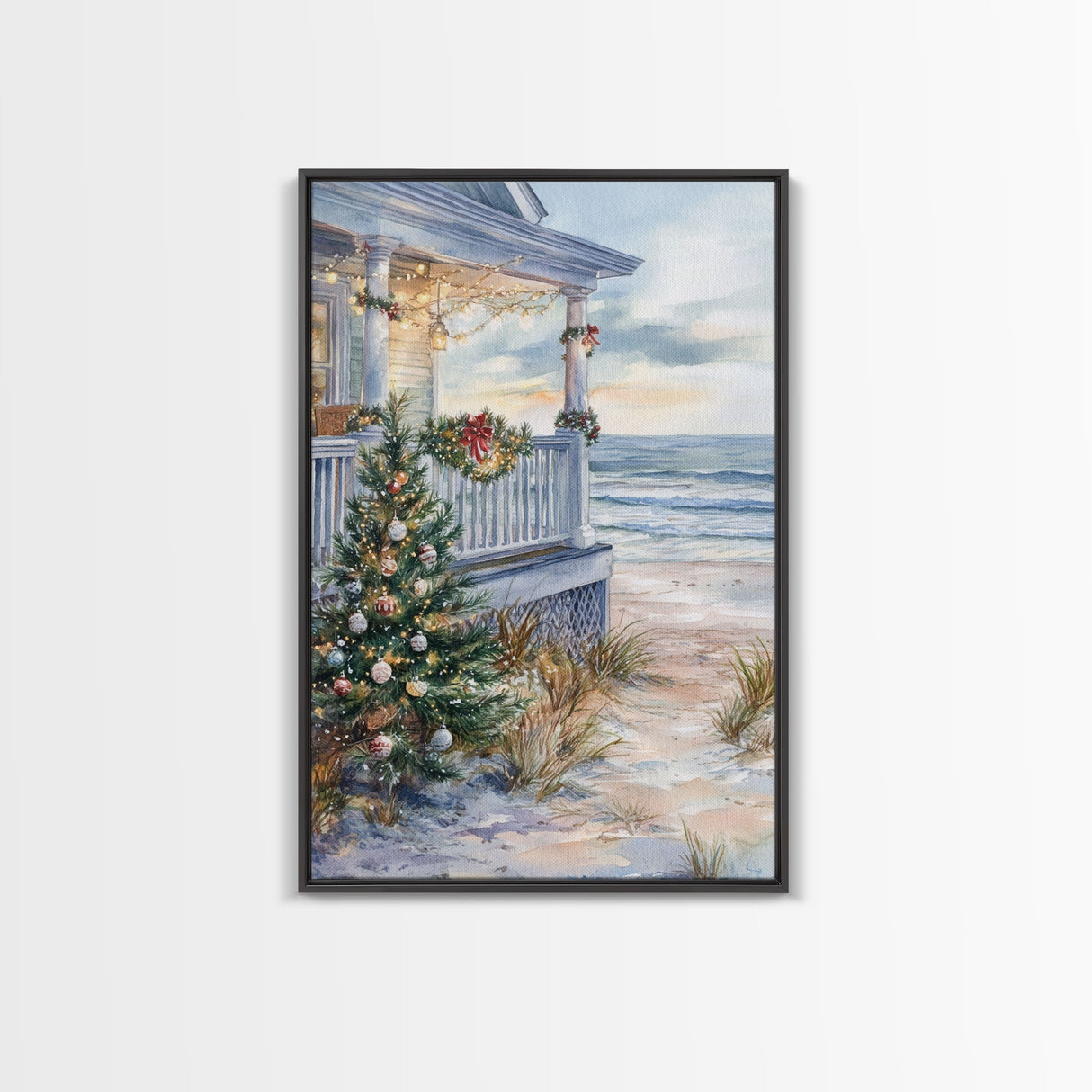 Coastal Christmas Tree Framed Canvas Print, Festive Holiday Decor Tree Beach and Ocean View, Nautical Wall Art Tropical Christmas Decor
